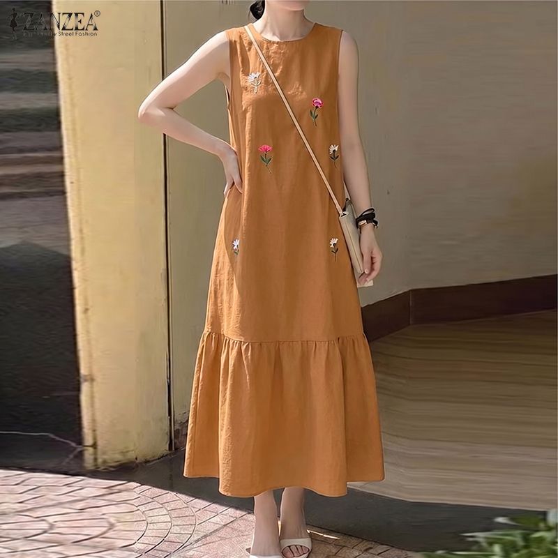 Sundress Midi Floral - فستان نسائي كاجوال بدون أكمام برقبة